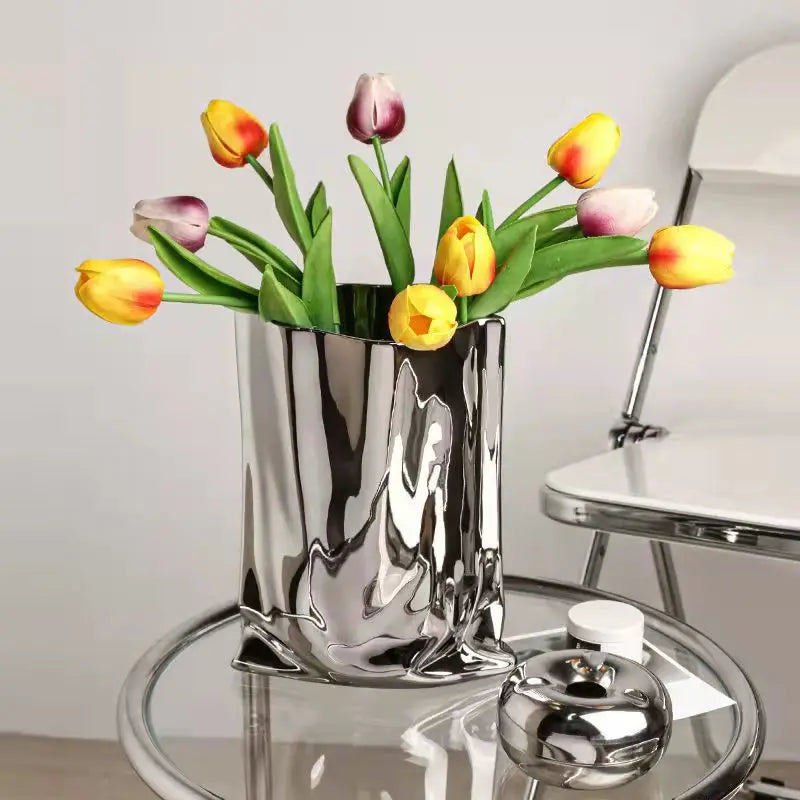 Silver or Gold Ruffled Flower Vase Ceramic Vase Porcelain