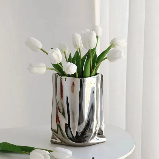 Silver or Gold  Ruffled Flower Vase Ceramic Vase Porcelain